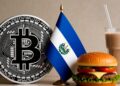 Logo de Bitcoin junto a una bandera de El Salvador, una hamburguesa y una malteada.