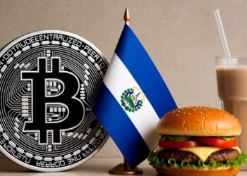 Logo de Bitcoin junto a una bandera de El Salvador, una hamburguesa y una malteada.