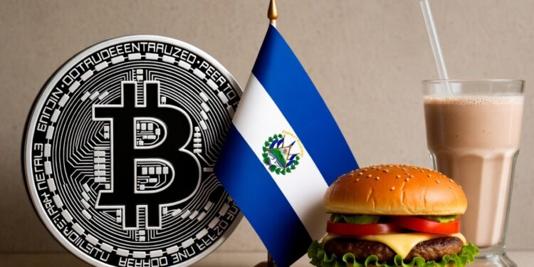 Logo de Bitcoin junto a una bandera de El Salvador, una hamburguesa y una malteada.