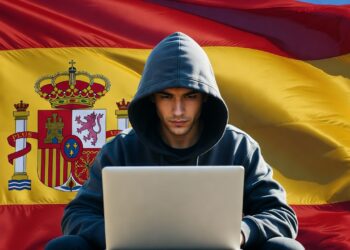 Encapuchado utilizando una laptop frente a una bandera de España.