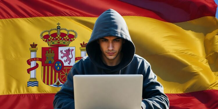 Encapuchado utilizando una laptop frente a una bandera de España.