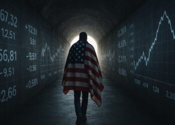 Una persona con una bandera de Estados Unidos caminando por un túnel oscuro que tiene simbología de economía.