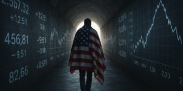 Una persona con una bandera de Estados Unidos caminando por un túnel oscuro que tiene simbología de economía.