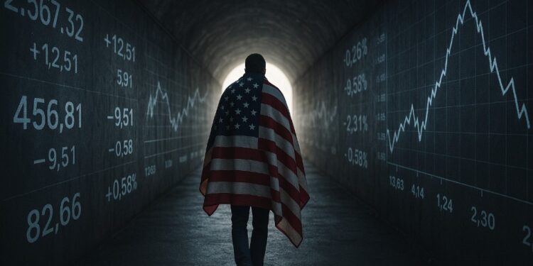 Una persona con una bandera de Estados Unidos caminando por un túnel oscuro que tiene simbología de economía.
