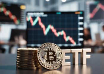 Imagen hiperrealista de monedas de Bitcoin apiladas y las letras "ETF" en fuente metálica 3D sobre un escritorio oscuro, con un fondo desenfocado de una sala de operaciones en Wall Street que muestra múltiples pantallas con una gráfica de mercado en rojo descendiendo bruscamente.