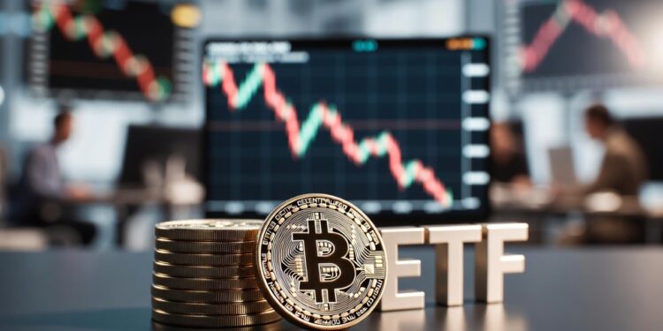 Imagen hiperrealista de monedas de Bitcoin apiladas y las letras "ETF" en fuente metálica 3D sobre un escritorio oscuro, con un fondo desenfocado de una sala de operaciones en Wall Street que muestra múltiples pantallas con una gráfica de mercado en rojo descendiendo bruscamente.