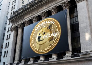 Pancarta publicitaria en la fachada del edificio de Wall Street y en el centro destaca una moneda de dogecoin.