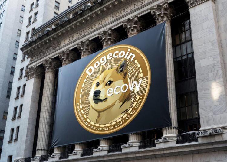 Pancarta publicitaria en la fachada del edificio de Wall Street y en el centro destaca una moneda de dogecoin.