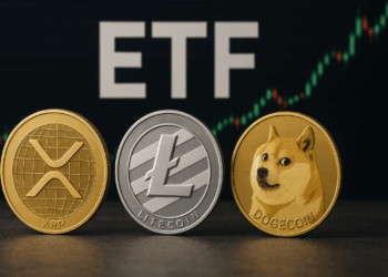 Tres monedas físicas de XRP, litecoin y doge sobre una superficie oscura. Detrás, las letras grandes “ETF” y un gráfico de precios.