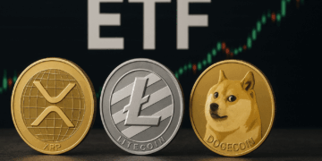 Tres monedas físicas de XRP, litecoin y doge sobre una superficie oscura. Detrás, las letras grandes “ETF” y un gráfico de precios.