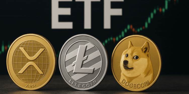 Tres monedas físicas de XRP, litecoin y doge sobre una superficie oscura. Detrás, las letras grandes “ETF” y un gráfico de precios.