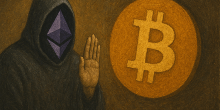 Figura con sweater o campera con capucha levantando su mano ante un logo de Bitcoin.