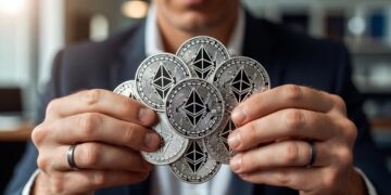 Unas manos masculinas sosteniendo varias monedas físicas de Ethereum. La persona viste traje oscuro y camisa blanca.