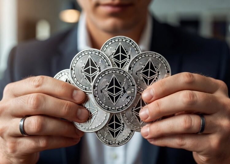 Unas manos masculinas sosteniendo varias monedas físicas de Ethereum. La persona viste traje oscuro y camisa blanca.