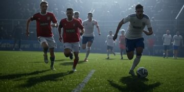 Jugadores de fútbol disputan un partido.