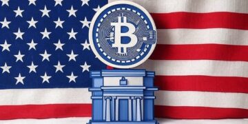 Bandera de los Estados Unidos detrás de dos logos: uno de bitcoin y uno genérico de una institución.