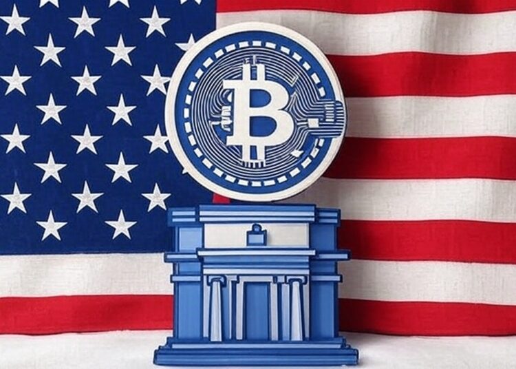 Bandera de los Estados Unidos detrás de dos logos: uno de bitcoin y uno genérico de una institución.