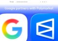 El logo de Google junto al de Polymarket sobre un fondo azul.