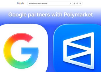 El logo de Google junto al de Polymarket sobre un fondo azul.
