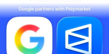 El logo de Google junto al de Polymarket sobre un fondo azul.