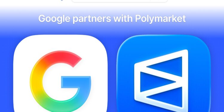 El logo de Google junto al de Polymarket sobre un fondo azul.