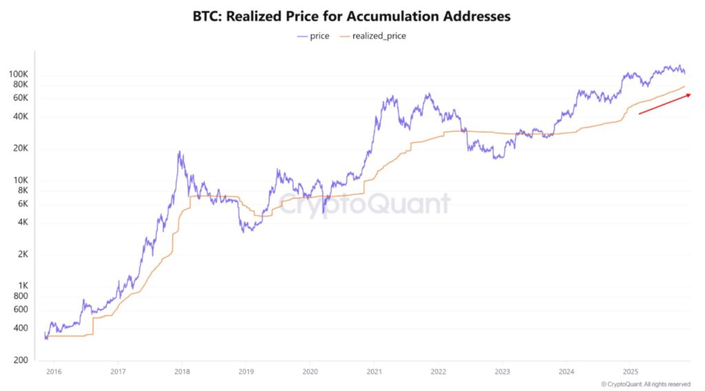 Gráfica de línea naranja que representa la evolución del precio realizado de las direcciones de acumulación y una línea azul que representa el precio de BTC.