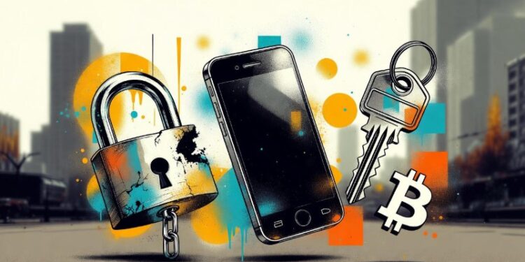 Un celular, un candado, una llave y un bitcoin