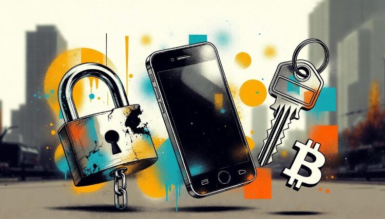 Un celular, un candado, una llave y un bitcoin