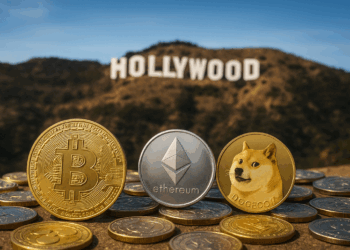 Varias monedas físicas de criptomonedas —Bitcoin, Ethereum y Dogecoin en primer plano— colocadas sobre una superficie, mientras al fondo se ve borroso el famoso cartel de “HOLLYWOOD” en una colina bajo un cielo despejado.