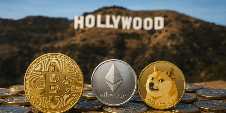 Varias monedas físicas de criptomonedas —Bitcoin, Ethereum y Dogecoin en primer plano— colocadas sobre una superficie, mientras al fondo se ve borroso el famoso cartel de “HOLLYWOOD” en una colina bajo un cielo despejado.