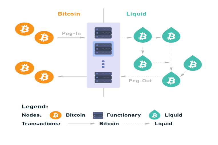 La imagen muestra un flujo donde bitcoins entran en un sistema centralizado para ser convertidos en tokens Liquid, representados como gotas.