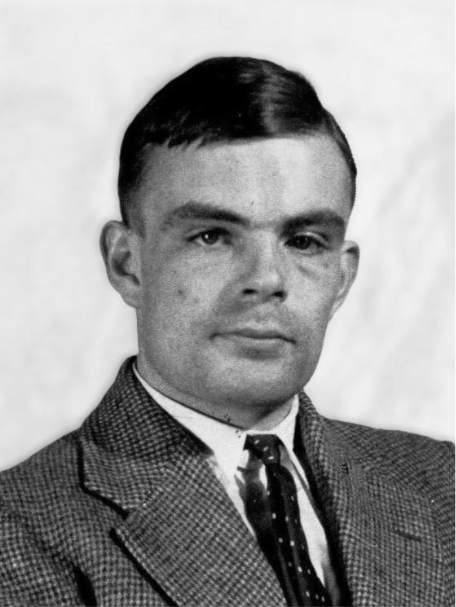 una fotografía en blanco y negro del rostro del joven Alan Turing a sus 24 años.