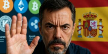 Hombre con mano levantada pidiendo frenar con criptomonedas detrás y bandera de España.