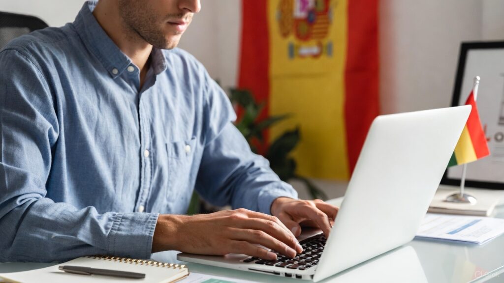 Una persona aparece junto con una laptop como declarando impuestos, al fondo se ve una bandera de España