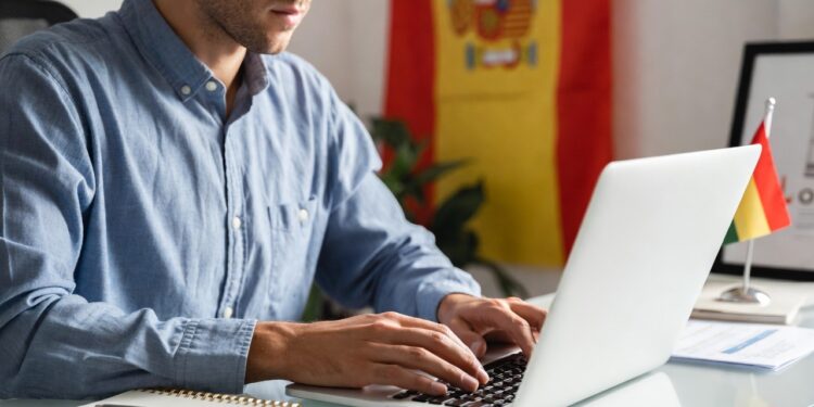 Una persona aparece junto con una laptop como declarando impuestos, al fondo se ve una bandera de España