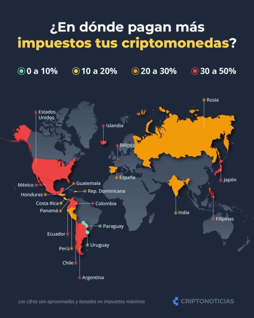 Mapa de los países con más impuestos a las criptomonedas.