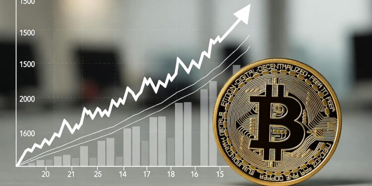 Una moneda física de bitcoin en primer plano a la derecha, con un gráfico de barras y una línea ascendente en el fondo que representa la inflación en EE. UU.