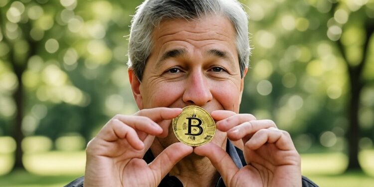 Jamie Dimon de JP Morgan con bitcoin en las manos.