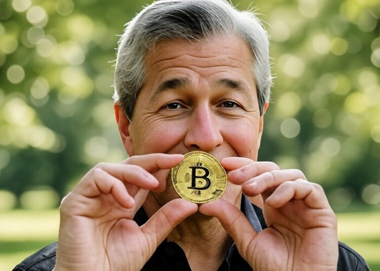 Jamie Dimon de JP Morgan con bitcoin en las manos.