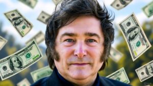 Javier Milei debajo de una lluvia de dólares estadounidenses.