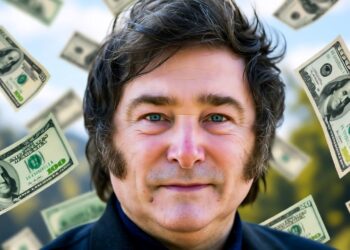 Javier Milei debajo de una lluvia de dólares estadounidenses.