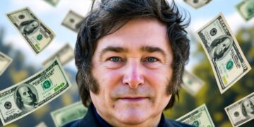 Javier Milei debajo de una lluvia de dólares estadounidenses.