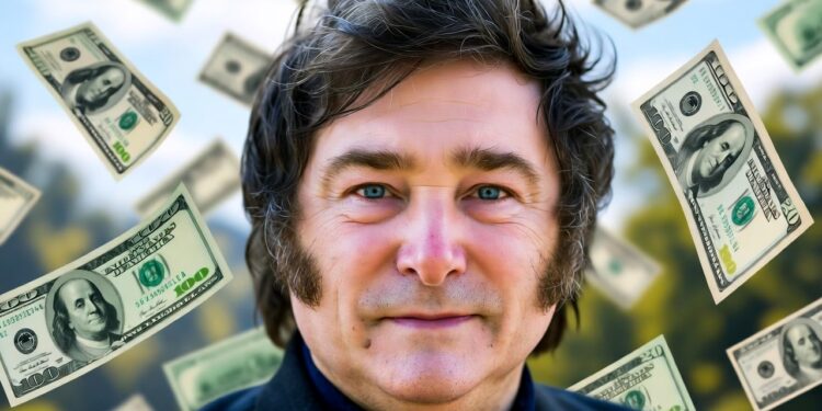 Javier Milei debajo de una lluvia de dólares estadounidenses.