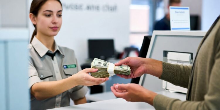 Una persona entrega un fajo de billetes de dólares a una cajera en un mostrador de atención al cliente de un banco.