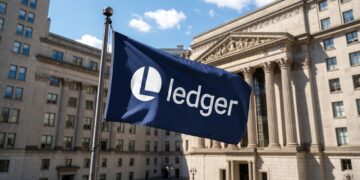 Bandera azul con logo y nombre "Ledger" ondeando frente al edificio de Wall Street.