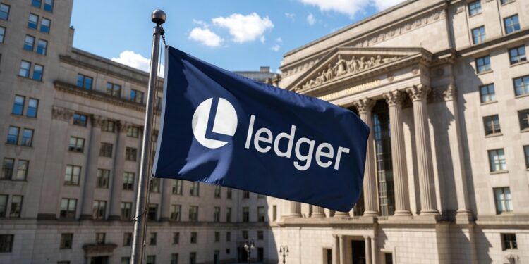 Bandera azul con logo y nombre "Ledger" ondeando frente al edificio de Wall Street.