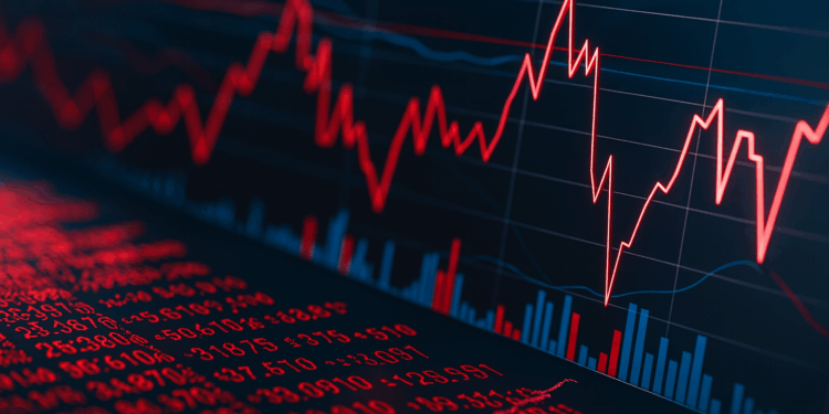 Gráfico financiero en caída con líneas rojas descendentes y datos bursátiles