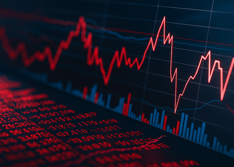 Gráfico financiero en caída con líneas rojas descendentes y datos bursátiles