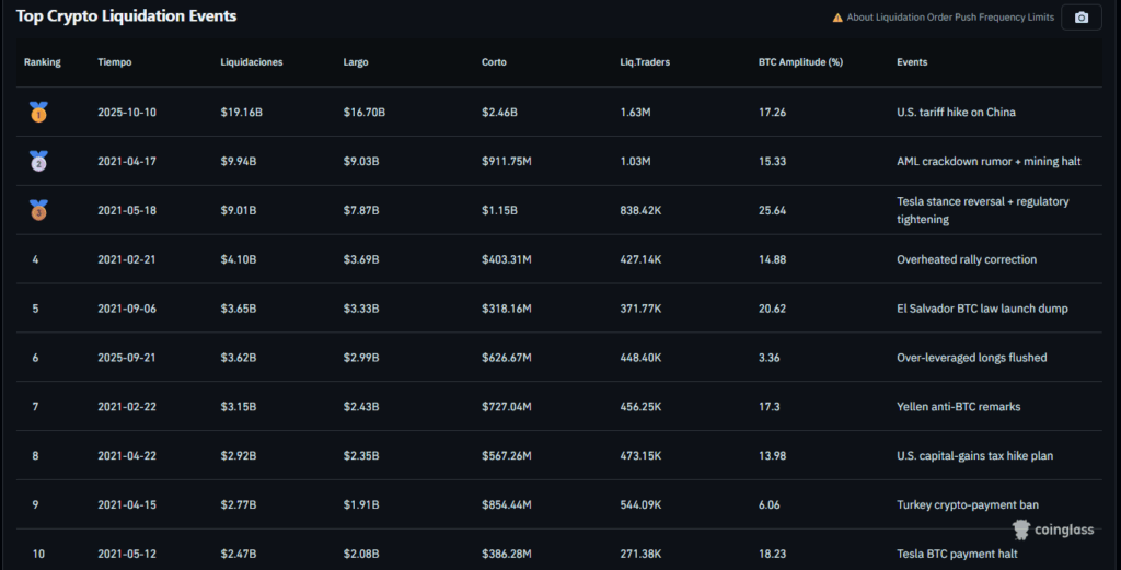 Un gráfico muestra el historia de eventos de liquidaciones históricas del mercado de bitcoin y criptomonedas.