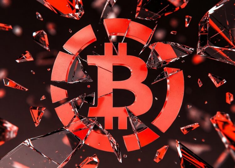 Logo de Bitcoin teñido en rojo y roto como si se tratara de un vidrio
